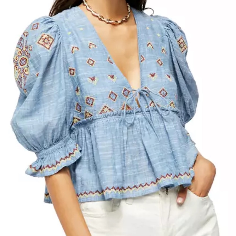 Free People Tallulah Embroidered Blouse MEDIUM - Picture 2 of 11